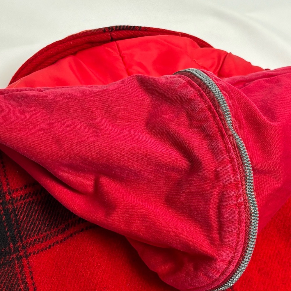 Vintage 30s Buffalo Hunting Jacket w Hood Mens Medium Red Plaid 1940s Wool Coat - Picture 8 of 16